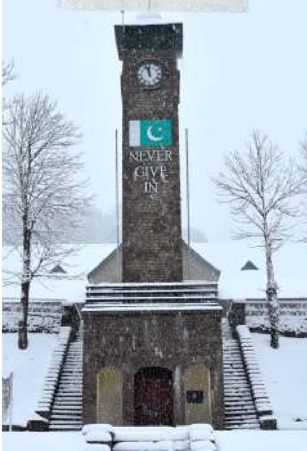 The clock tower under fresh snow — the hilltop in mid-winter. — Lawrence College Ghora Gali